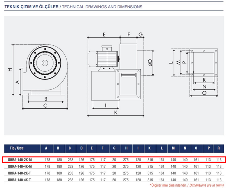 AYAS OBRA-140-2K-M 3000 D/D 220 volt Monofaze Tek Emişli Radyal Fan Teknik Çizim ve Ölçüler Tablosu