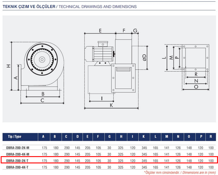 AYAS OBRA-200-2K-T 3000 D/D 380 volt Trifaze Tek Emişli Radyal Fan Teknik Çizim ve Ölçüler Tablosu