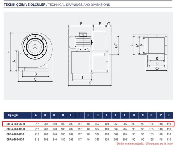 AYAS OBRA-260-2K-M 3000 D/D 220 volt Monofaze Tek Emişli Radyal Fan Teknik Çizim ve Ölçüler Tablosu