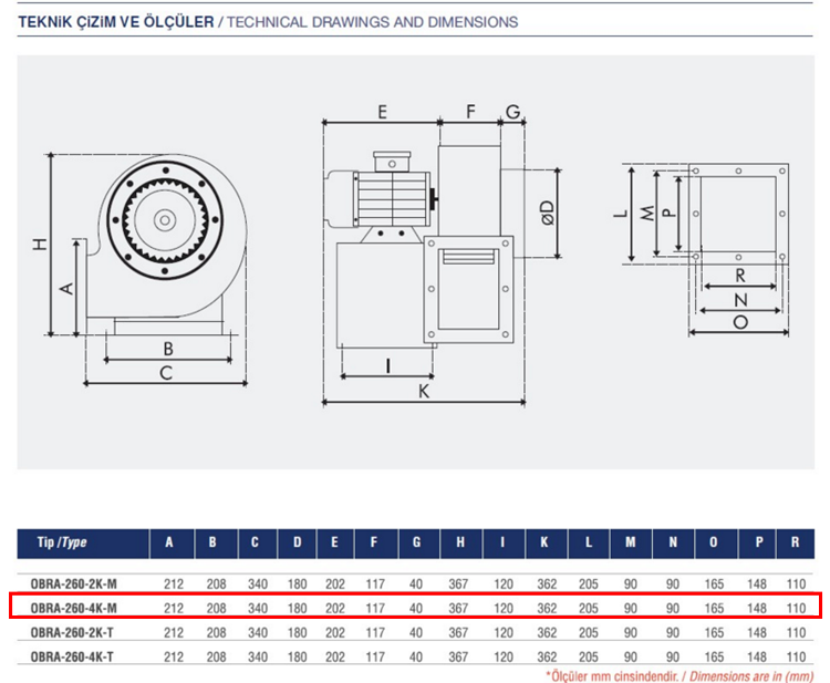 AYAS OBRA-260-4K-M 1500 D/D 220 volt Monofaze Tek Emişli Radyal Fan Teknik Çizim ve Ölçüler Tablosu