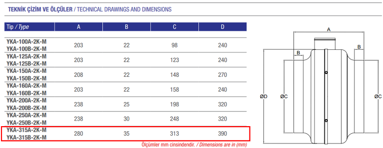 AYAS YKA-315B-2K-M 3000 D/D 220 volt Monofaze Yuvarlak Kanal Tipi Radyal Fan Teknik Çizim ve Ölçüler Tablosu