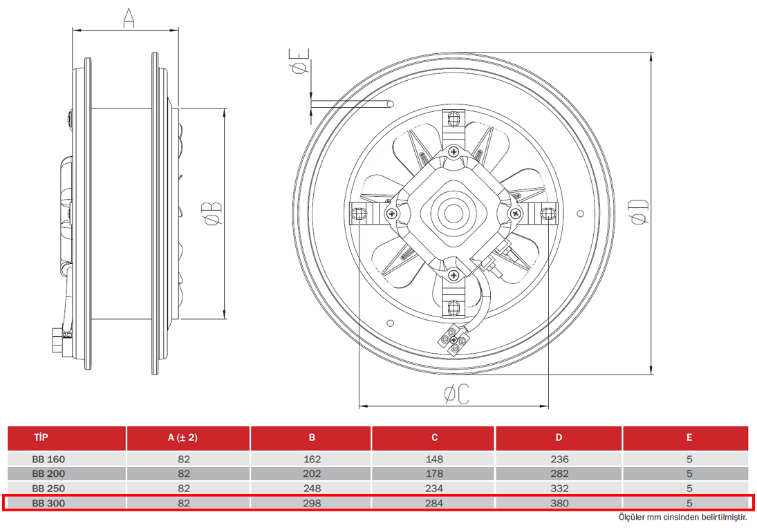 BAHÇIVAN 30 cm çapında BB 300 1350 D/D 230 volt Monofaze Aksiyel Baca Aspiratörü Teknik Çizim ve Ölçüler Tablosu
