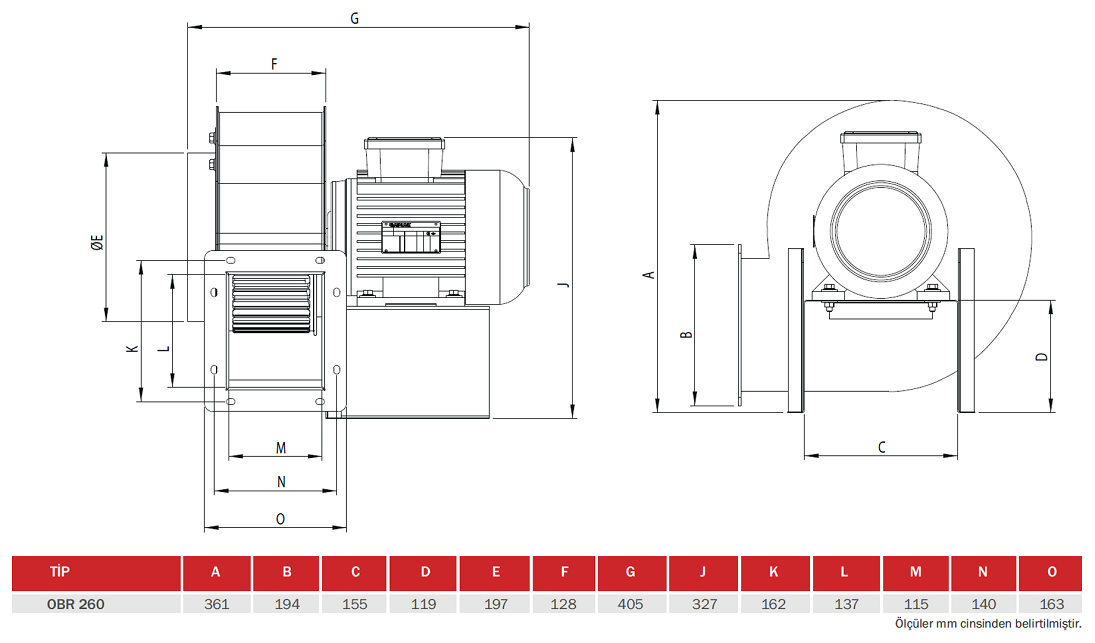 BAHÇIVAN OBR 260M-2K 2820 D/D 230 volt Monofaze Tek Emişli Radyal Fan Öne Eğimli Teknik Çizim ve Ölçüler Tablosu