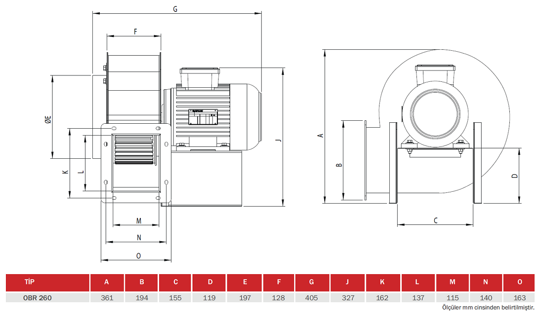 BAHÇIVAN OBR 260T-4K 1380 D/D 380 volt Trifaze Tek Emişli Radyal Fan Öne Eğimli Teknik Çizim ve Ölçüler Tablosu