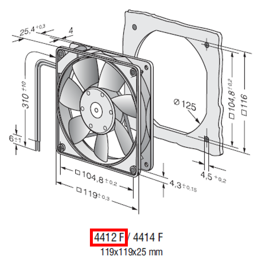 EBMPAPST 4412 F 12 VDC Aksiyal Kompakt Fan Teknik Çizim ve Ölçüler Tablosu