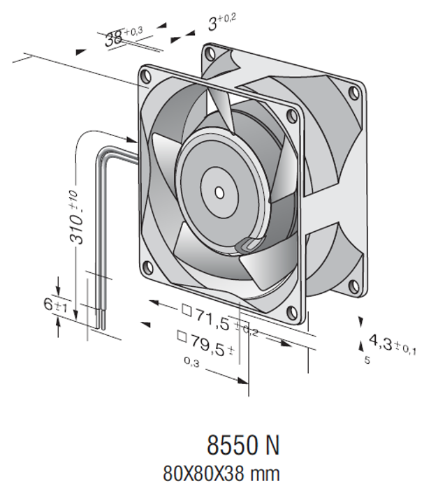 EBMPAPST 8550 N 230 AC Aksiyal Kompakt Fan Teknik Çizim ve Ölçüler Tablosu