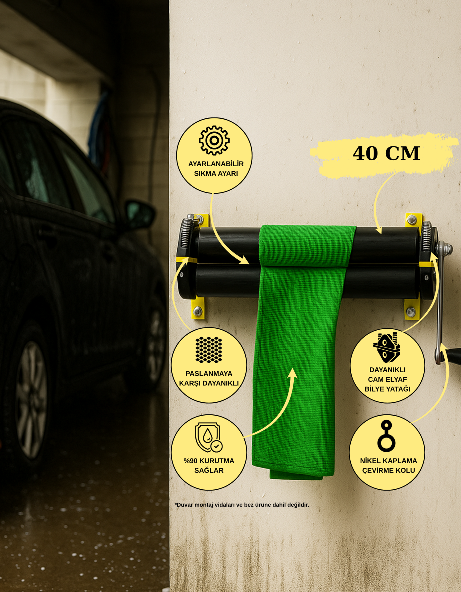 Gentes 40 cm Oto Yıkama Bez Sıkma Makinesi Aparatı