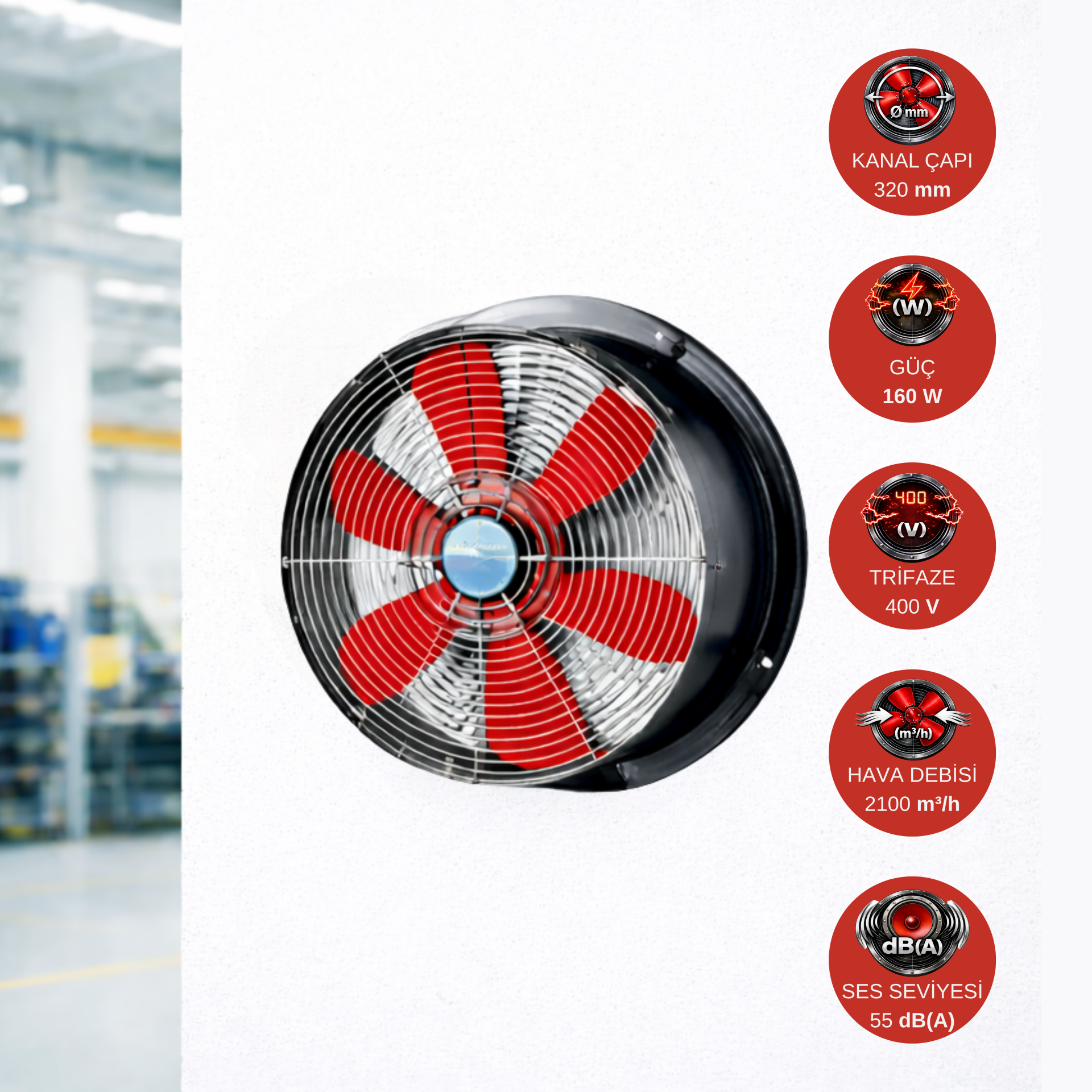 Dündar 30 cm ST 30 160 W 2100 m³/h 1450 D/D 400 V Trifaze Aksiyal Tip Sanayi Fanı