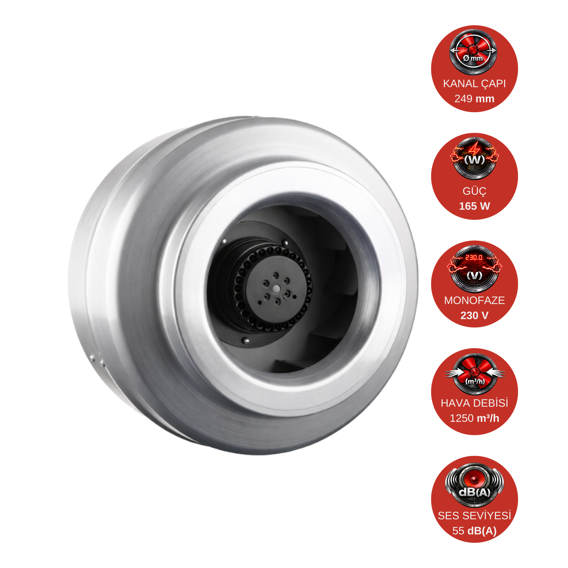 Dündar 25 cm CK 25 E1 165 W 1250 m³/h 2200 D/D 230 V Monofaze Yuvarlak Kanal Fanı