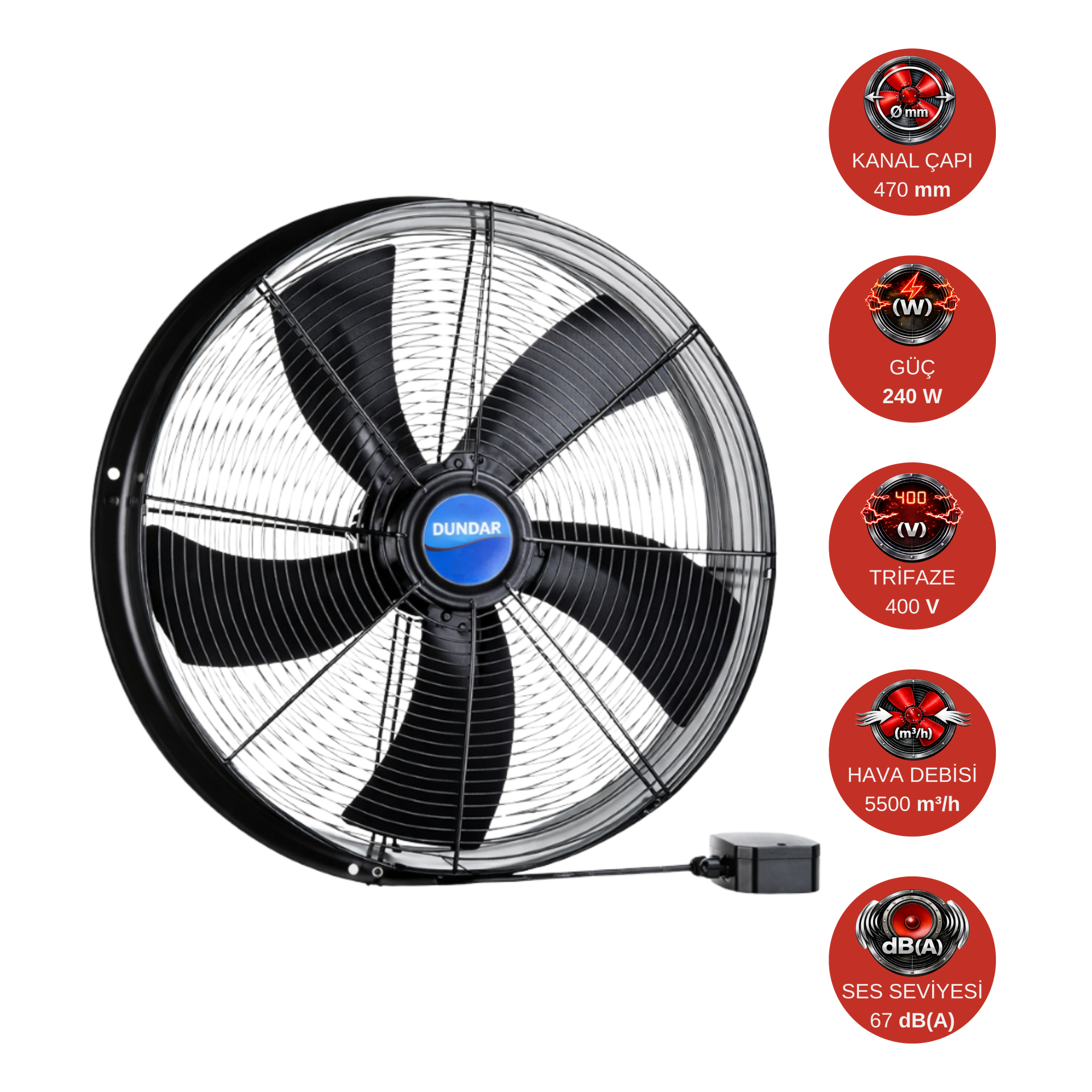 Dündar 45 cm ST 45 S 240 W 5500 m³/h 1420 D/D 400 V Trifaze Aksiyal Tip Soğutmalı Sanayi Fanı