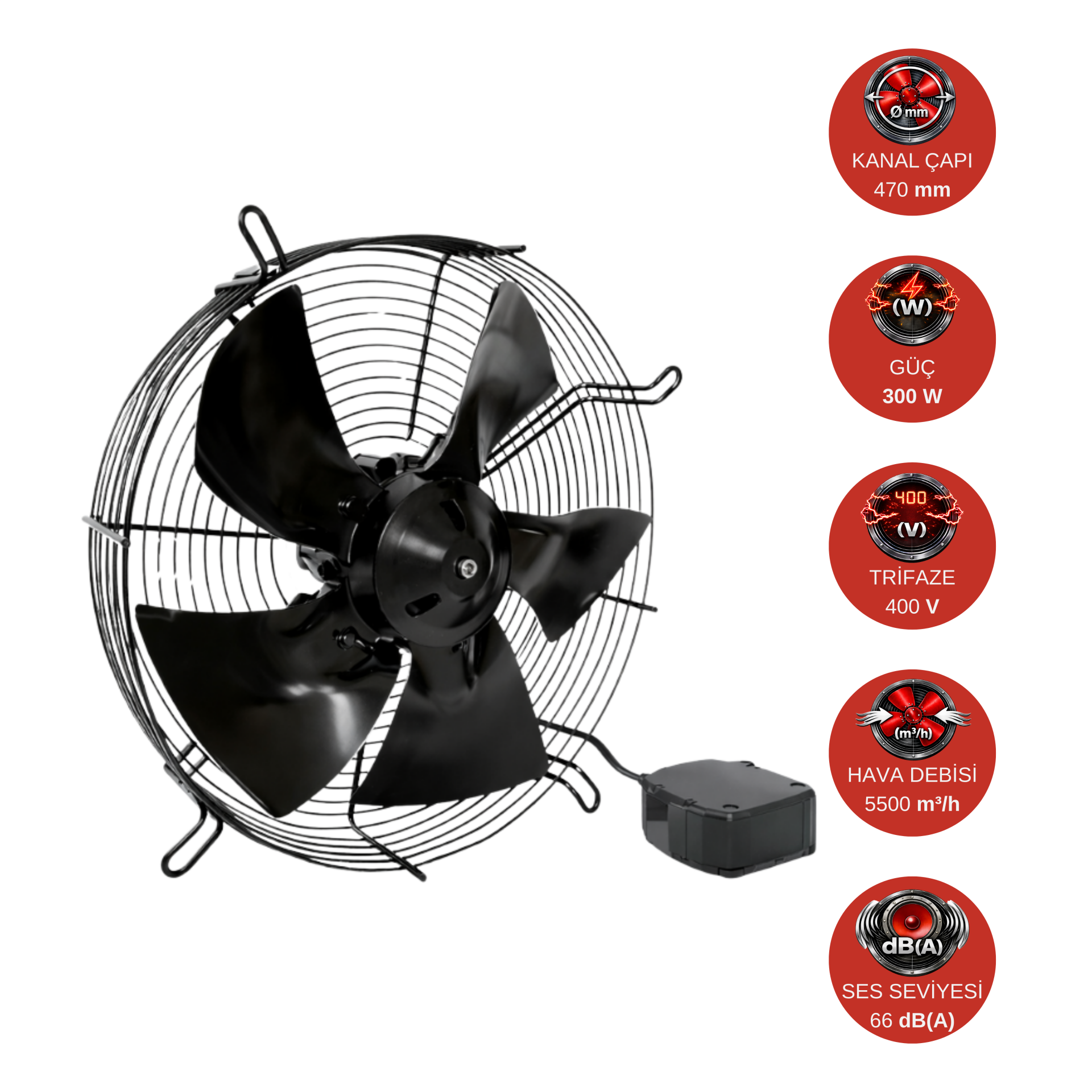 Dündar 45 cm FT 45 300 W 5500 m³/h 1400 D/D 400 V Trifaze Aksiyal Tip Emiş/Üfleme Soğutma Fanı