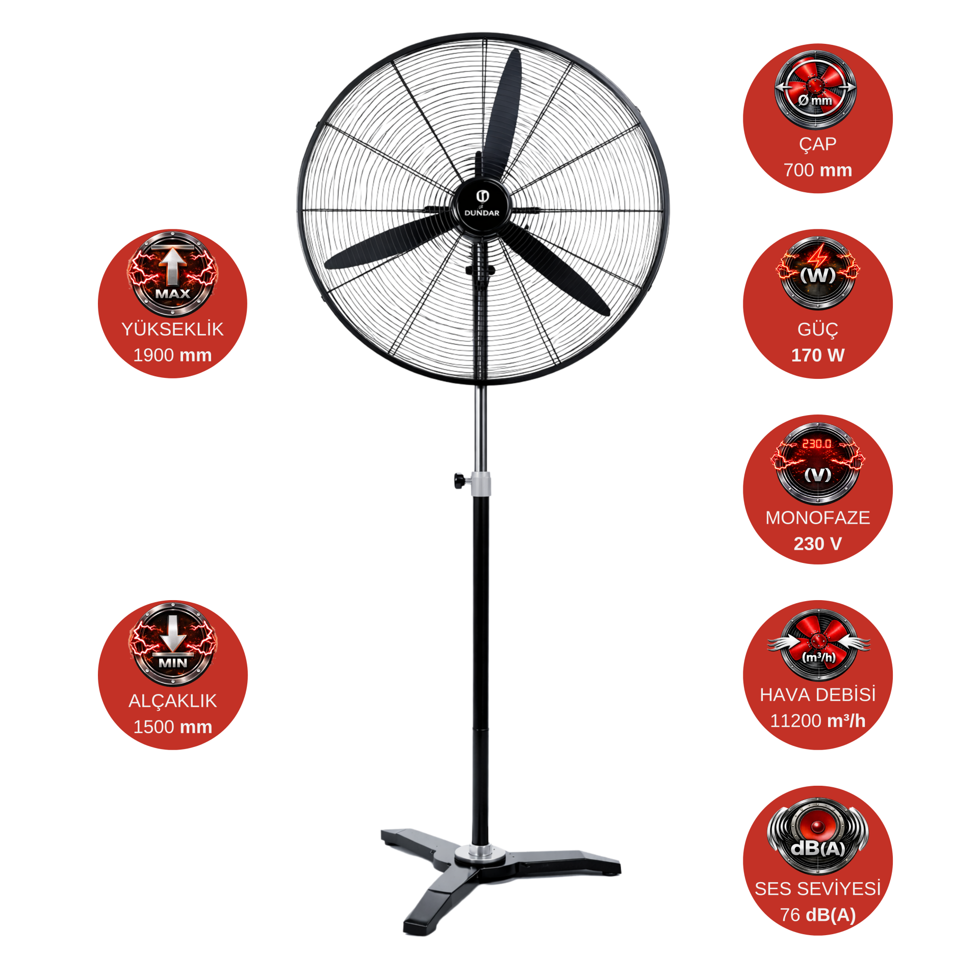 Dündar SV 65 (26'') 65 cm 170 W 11200 m³/h 1350 D/D 230 V Monofaze Ayaklı Sanayi Tipi Vantilatör