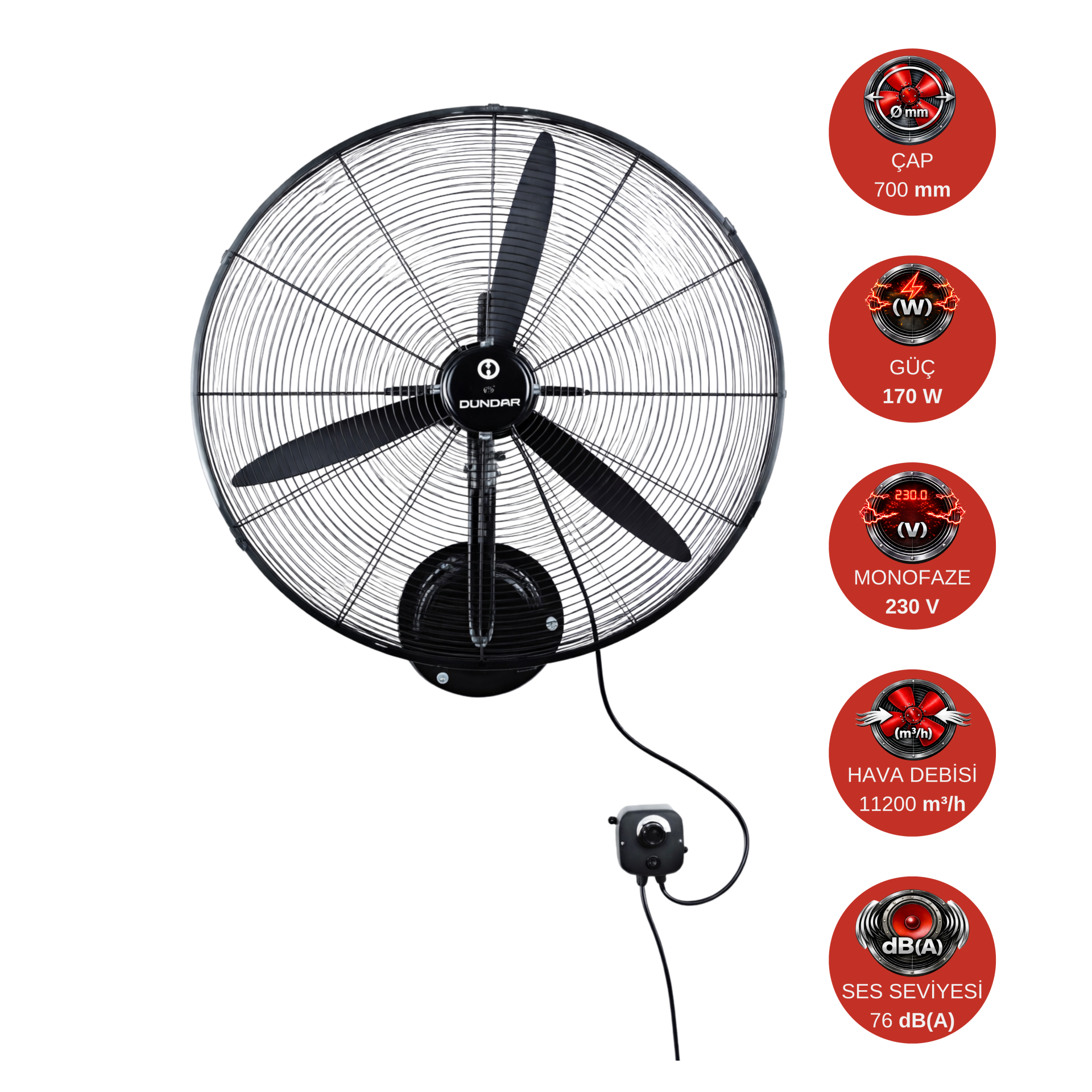 Dündar SV 65 (26'') 65 cm 170 W 11200 m³/h 1350 D/D 230 V Monofaze Duvar Sanayi Tipi Vantilatör