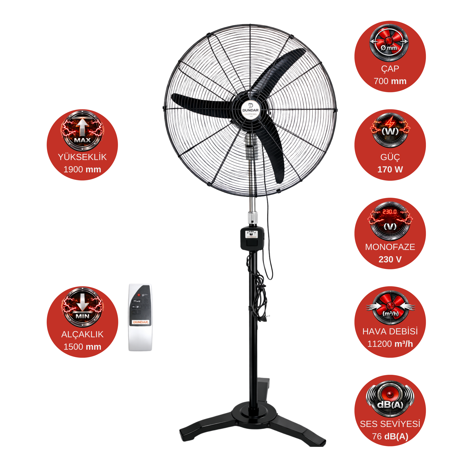 Dündar SV 65 (26'') 65 cm 170 W 11200 m³/h 1350 D/D 230 V Monofaze Uzaktan Kumandalı Ayaklı Sanayi Tipi Vantilatör