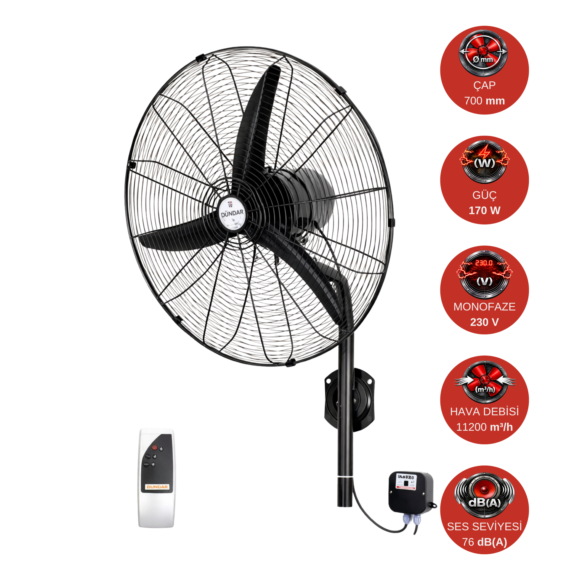 Dündar SV 65 (26'') 65 cm 170 W 11200 m³/h 1350 D/D 230 V Monofaze Uzaktan Kumandalı Duvar Sanayi Tipi Vantilatör