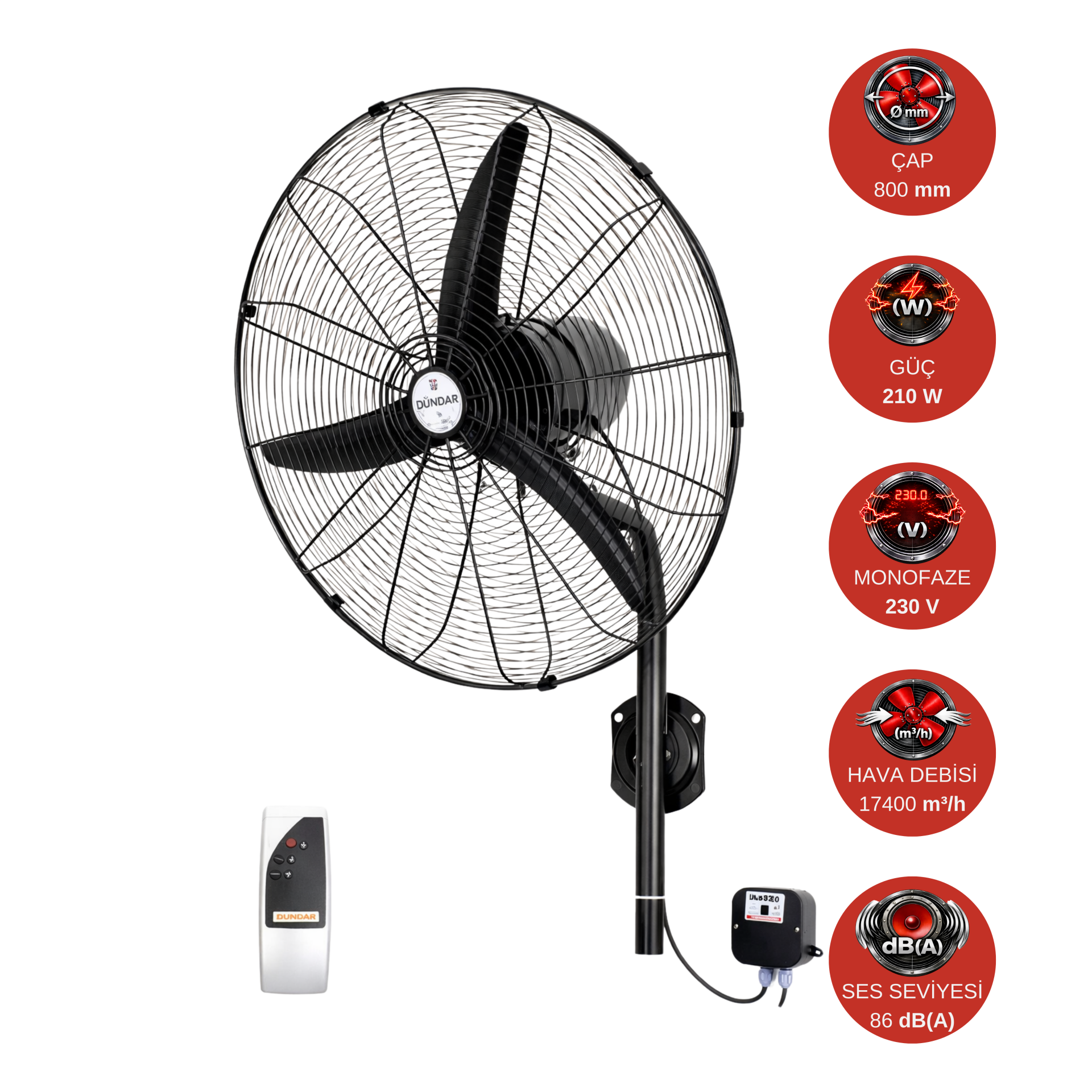 Dündar SV 75 (30'') 75 cm 210 W 17400 m³/h 1300 D/D 230 V Monofaze Uzaktan Kumandalı Duvar Sanayi Tipi Vantilatör